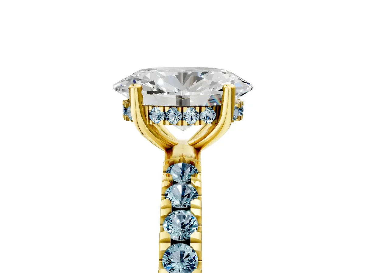 Oval Cut Diamond Pave Band Solitaire Ring with Round Aquamarine and Prong Setting Yellow gold