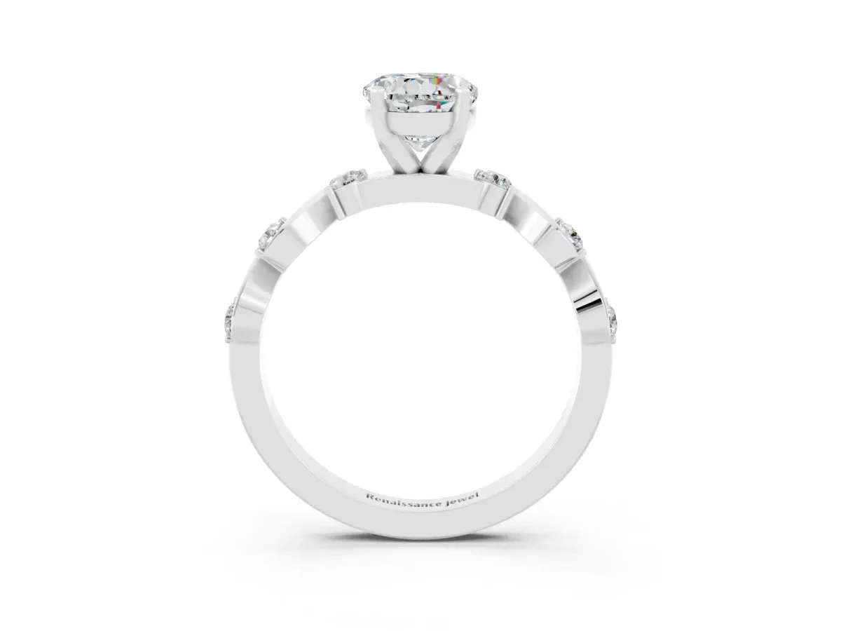 Round Cut Moissanite Solitaire Twisted Band with Round Accents and Prong Setting White gold