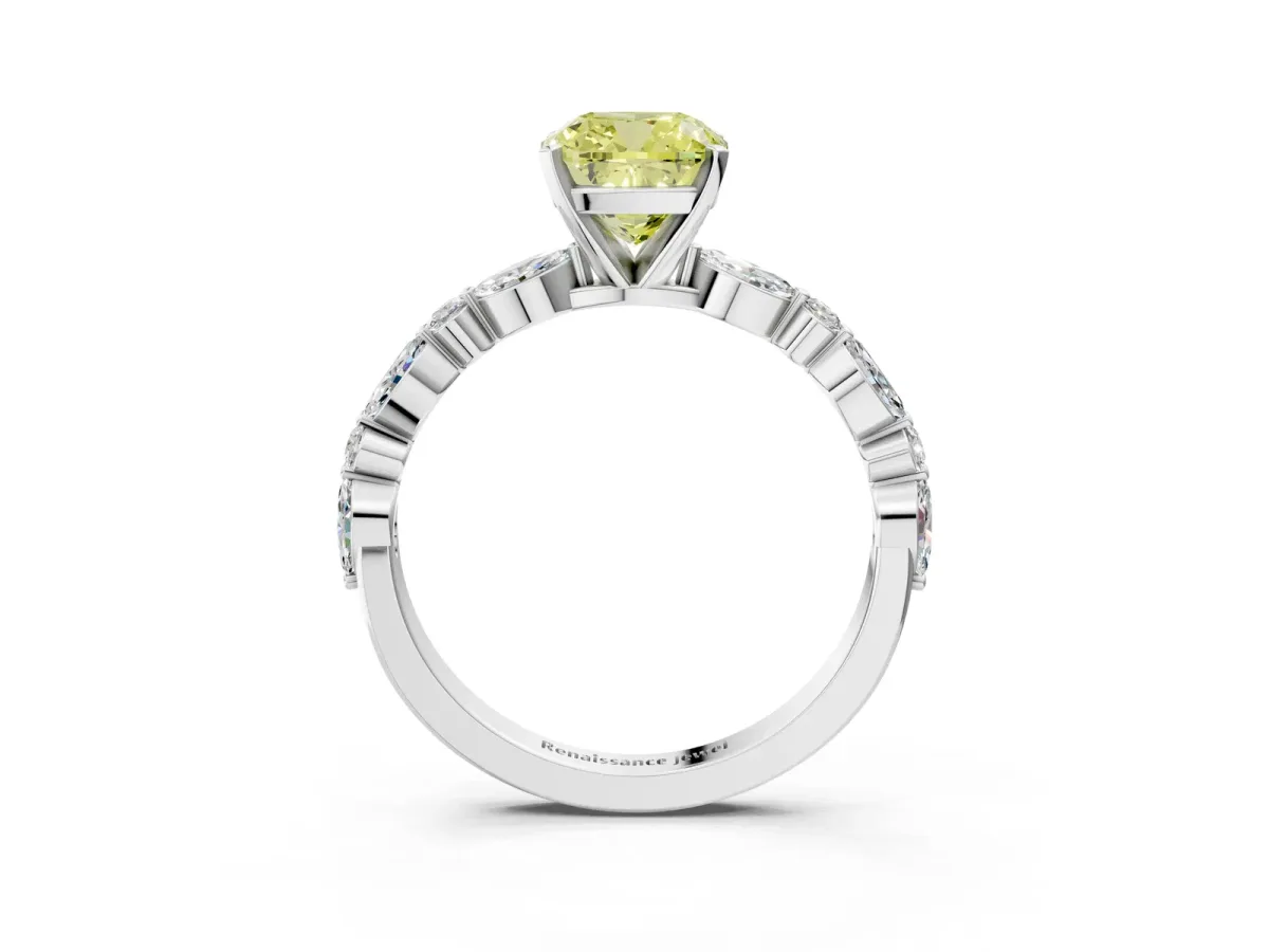 Fancy Yellow Cushion Cut Diamond Ring with Marquise and Round Side Stones and Four-Prong Setting Platinum