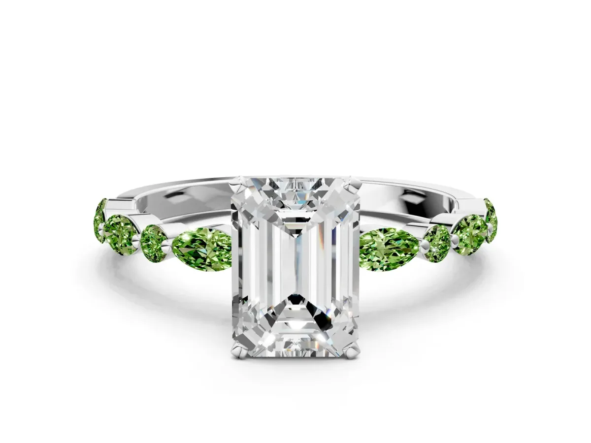 Emerald Cut Diamond Ring with Marquise and Round Peridot Side Stones and Four-Prong Setting White gold