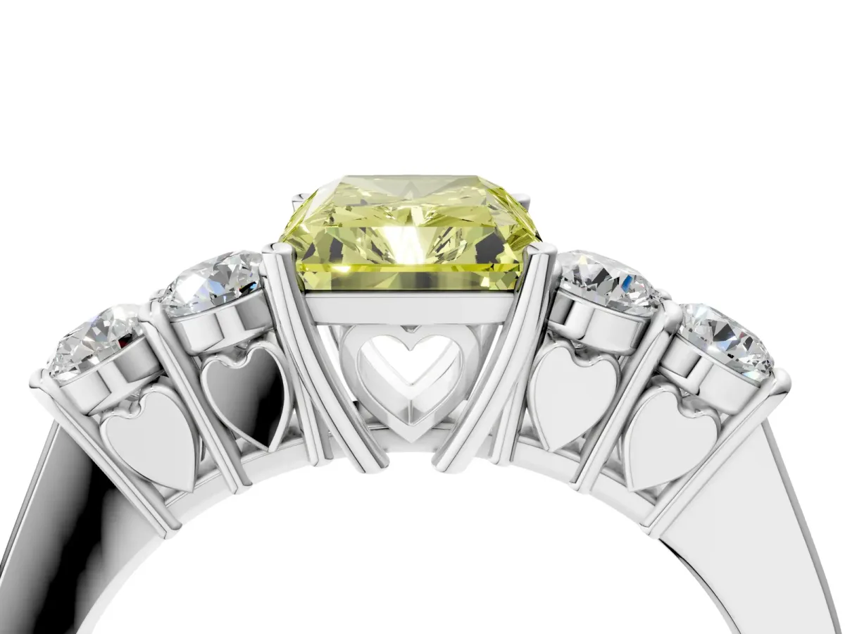Fancy Yellow Radiant Cut Cut Diamond Five-Stone Prong Set White Gold Ring Platinum