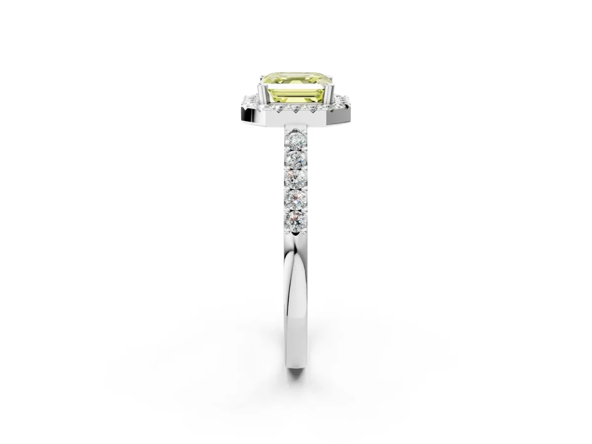 Fancy Yellow Asscher Cut Halo Diamond Pavé Solitaire Ring Platinum