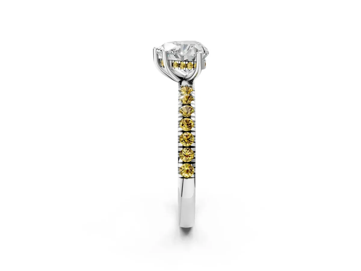 Heart Cut Diamond Pave Band Solitaire Ring with Round Yellow Sapphire and Prong Setting White gold