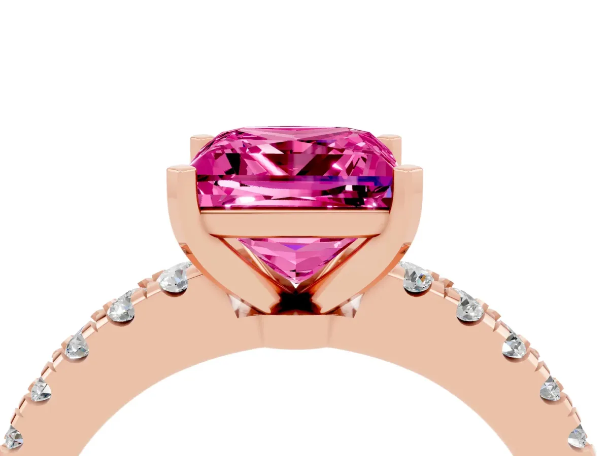 Princess Cut Solitaire Pink Sapphire with Pavé Band and Four-Prong Setting Rose gold