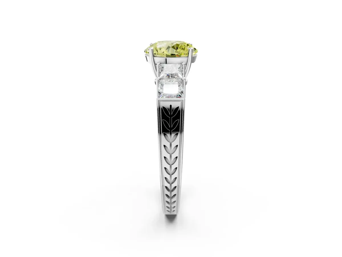 Fancy Yellow Round Cut Solitaire Princess Side Stone Engraved Band Prong Setting Ring Silver