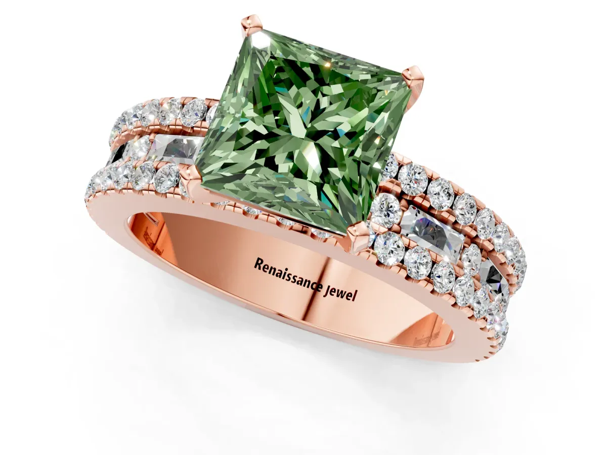 Fancy Green Princess Cut Diamond Solitaire Ring with Pavé and Channel Set Band Rose gold