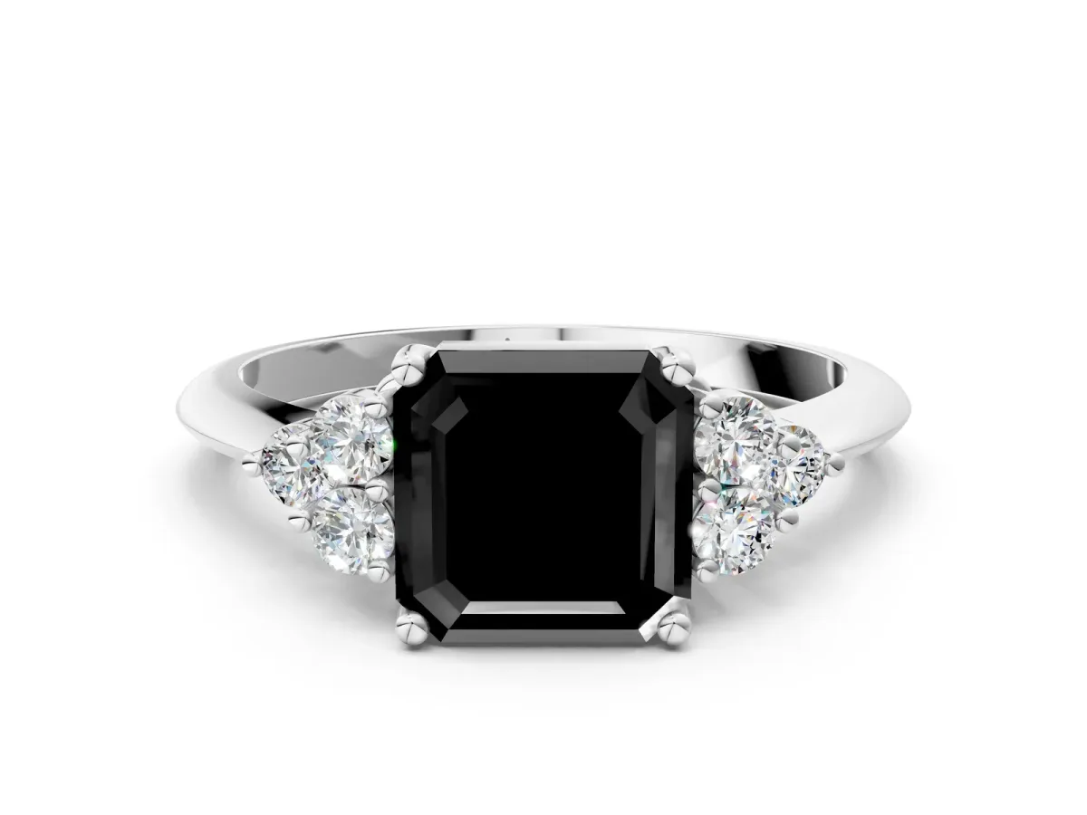 Fancy Black Asscher Cut Cut Diamond Cluster Ring with Solitaire Band and Four-Prong Setting Platinum
