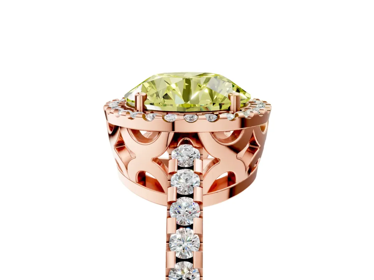 Fancy Yellow Round Cut Diamond Halo Engagement Ring with Pavé Band and Prong Setting Rose gold