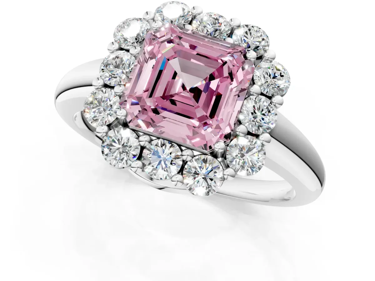 Fancy Pink Asscher Cut Halo Milgrain Solitaire with Bezel Set Side Stones and Pave Band Platinum