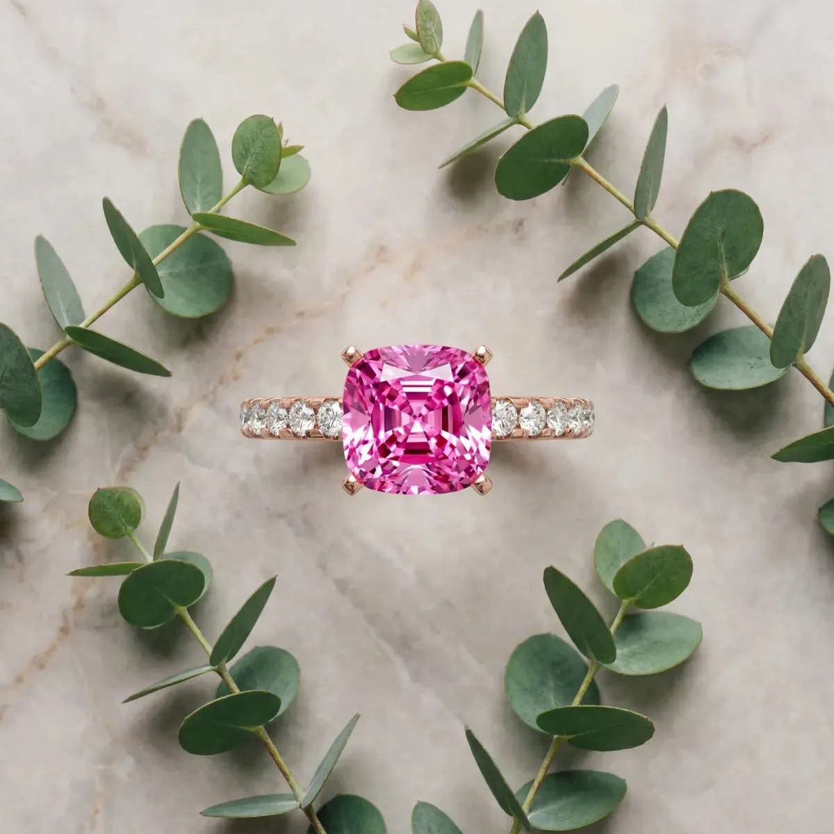 Cushion Cut Pink Sapphire Solitaire Ring with Round Pavé Band and Four-Prong Setting Rose gold
