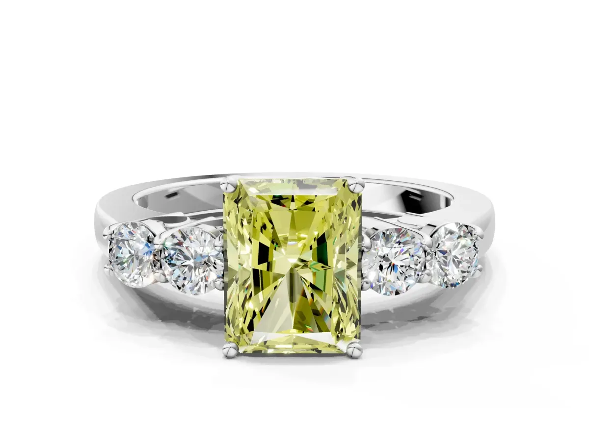 Fancy Yellow Radiant Cut Cut Diamond Five-Stone Prong Set White Gold Ring Platinum