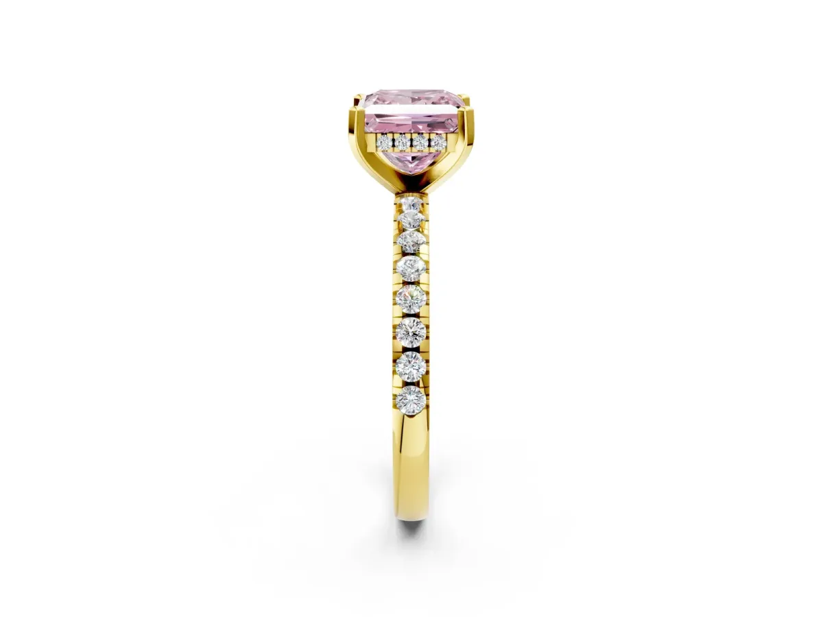 Fancy Pink Princess Cut Diamond Solitaire Ring with Round Pavé Band and Four-Prong Setting Yellow gold