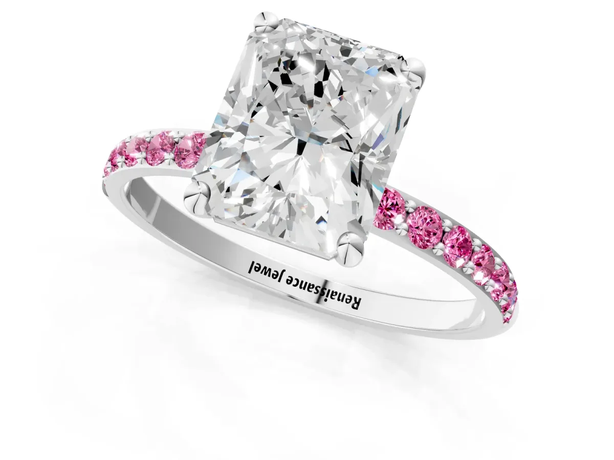 Radiant Cut Diamond Solitaire Ring with Round Pink Sapphire Pavé Band and Prong Setting White gold
