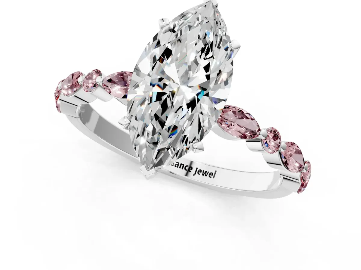 Marquise Cut Diamond Ring with Marquise and Round Morganite Side Stones and Four-Prong Setting White gold