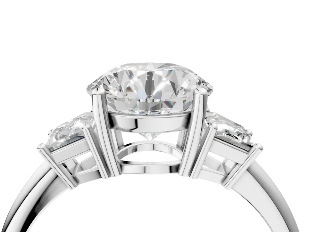 Round Cut Diamond Three-Stone Ring with Trapezoid Side Stones and Prong Setting White gold