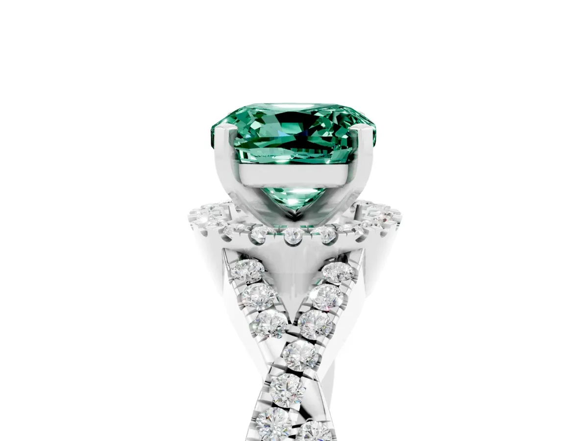 Cushion Cut Green Sapphire Halo Twist Band Solitaire Prong Setting Ring White gold