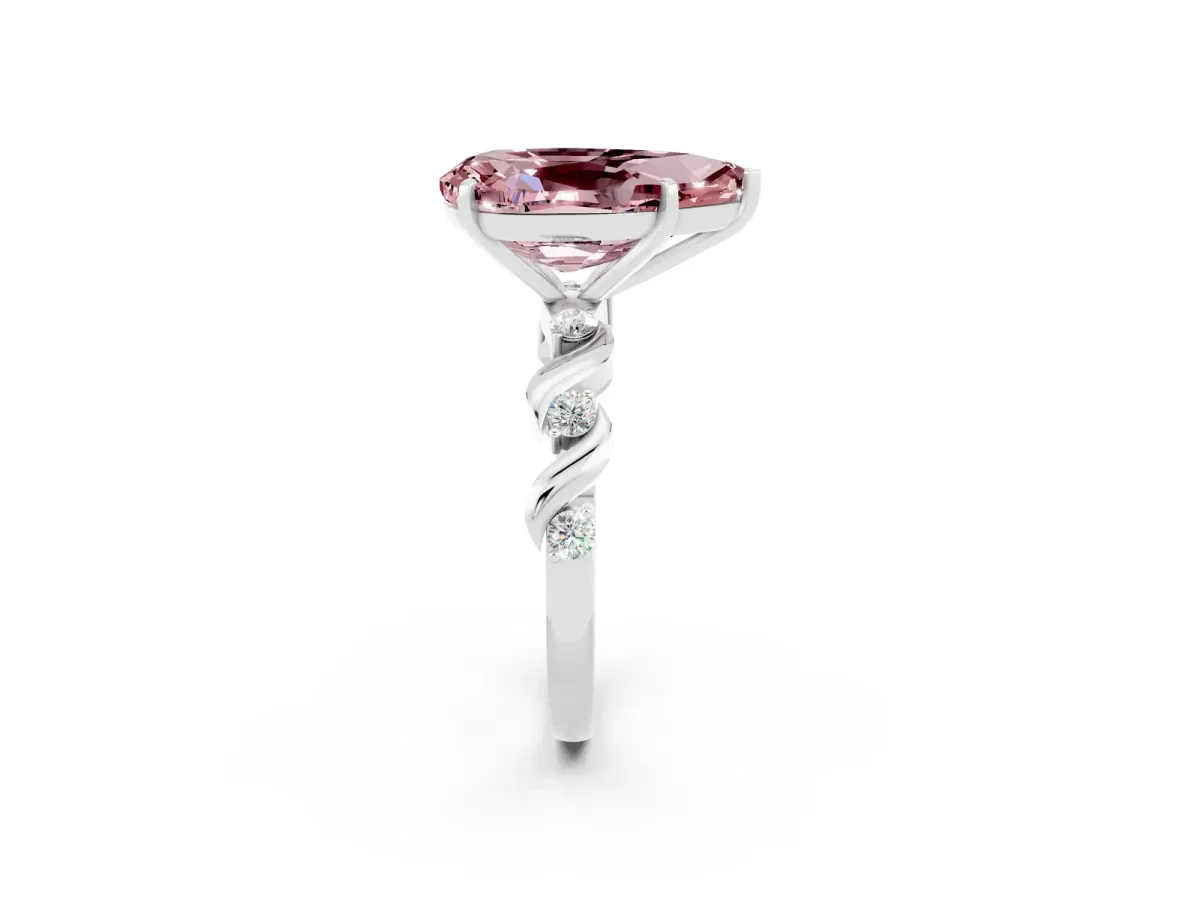 Pear Cut Morganite Solitaire Twisted Band with Round Accents and Prong Setting Silver