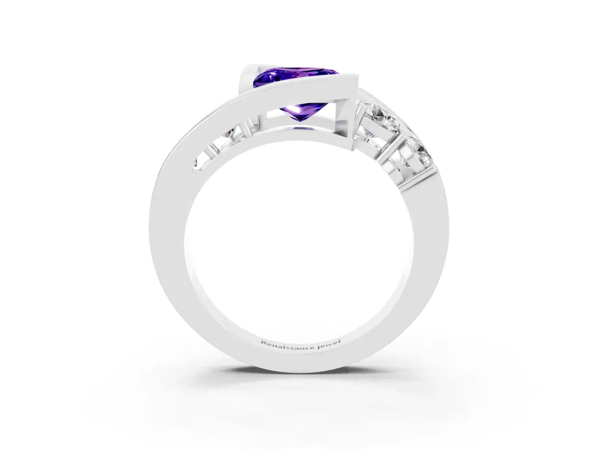 Bezel Set Princess Cut Tanzanite Bypass Ring with Round Accents Silver