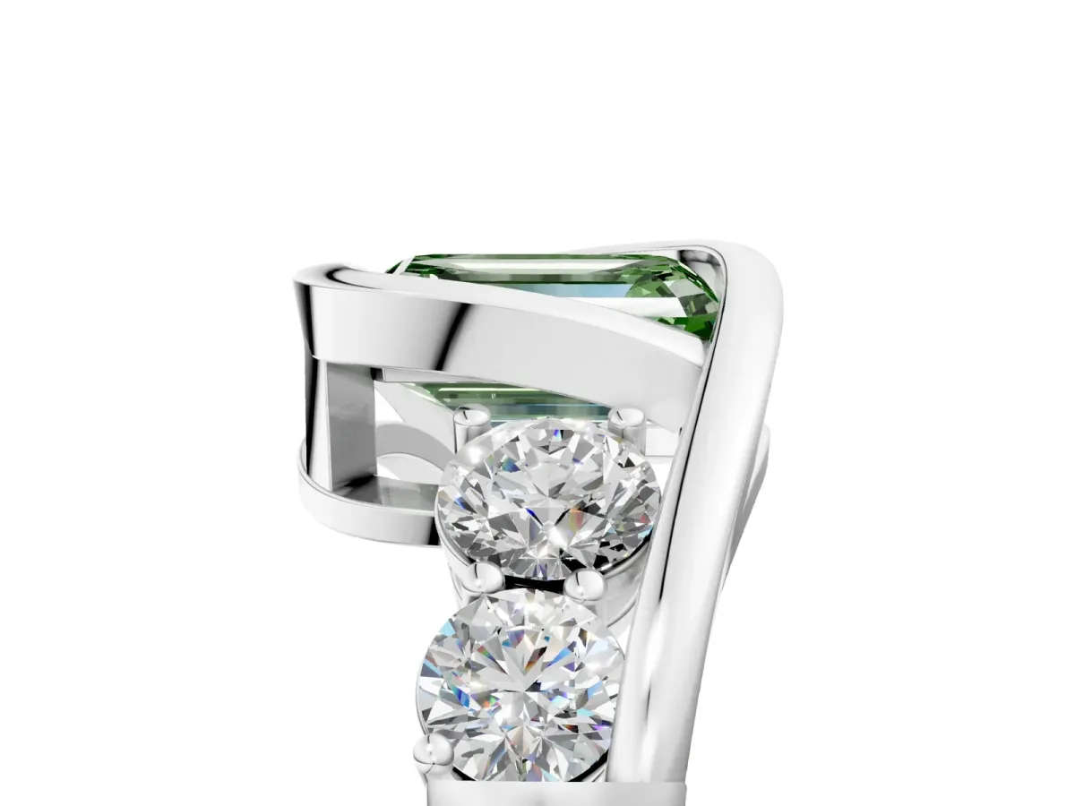 Fancy Green Bezel Set Emerald Cut Diamond Bypass Ring with Round Accents Silver