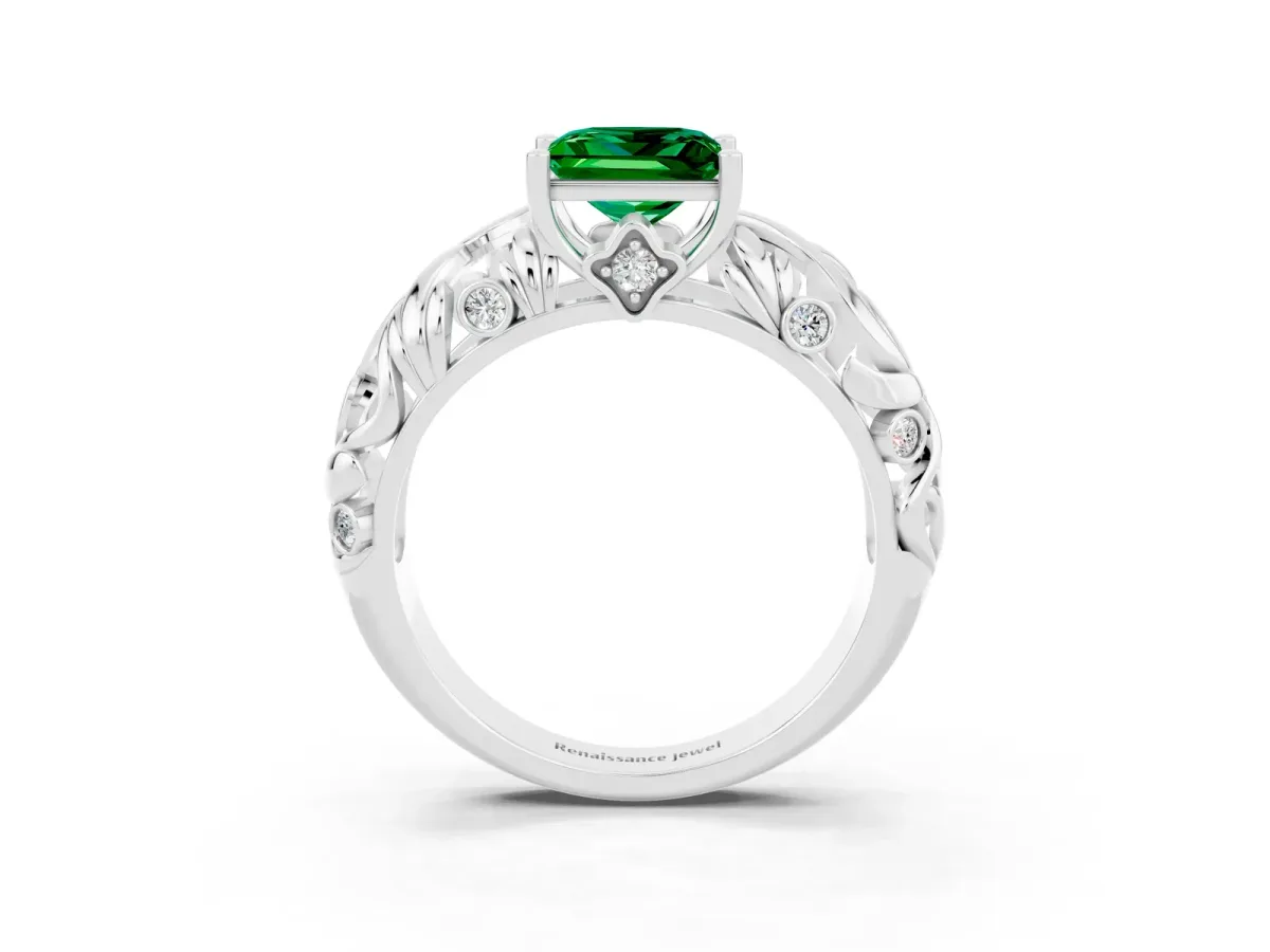 Princess Cut Solitaire Emerald Leaf-Inspired Vine Band Ring with Prong Setting White gold