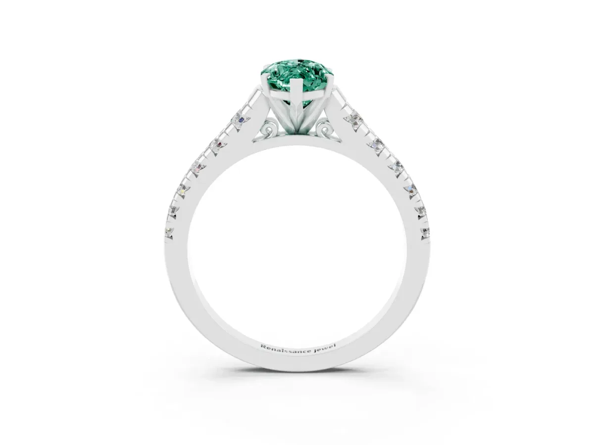 Marquise Cut Green Sapphire Cathedral Solitaire Ring with Round Pavé Band White gold
