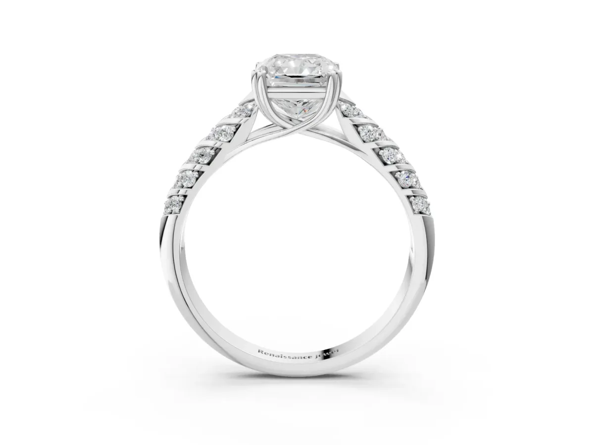 Radiant Cut Solitaire Chevron Pave Diamond Engagement Ring with Six-Prong Setting Platinum