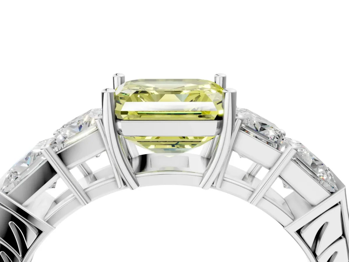 Fancy Yellow Asscher Cut Solitaire Princess Side Stone Engraved Band Prong Setting Ring Silver