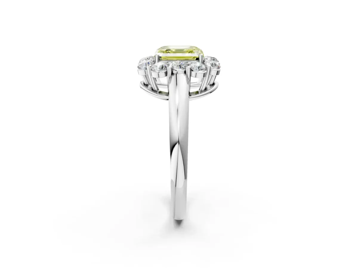 Fancy Yellow Asscher Cut Halo Milgrain Solitaire with Bezel Set Side Stones and Pave Band Platinum