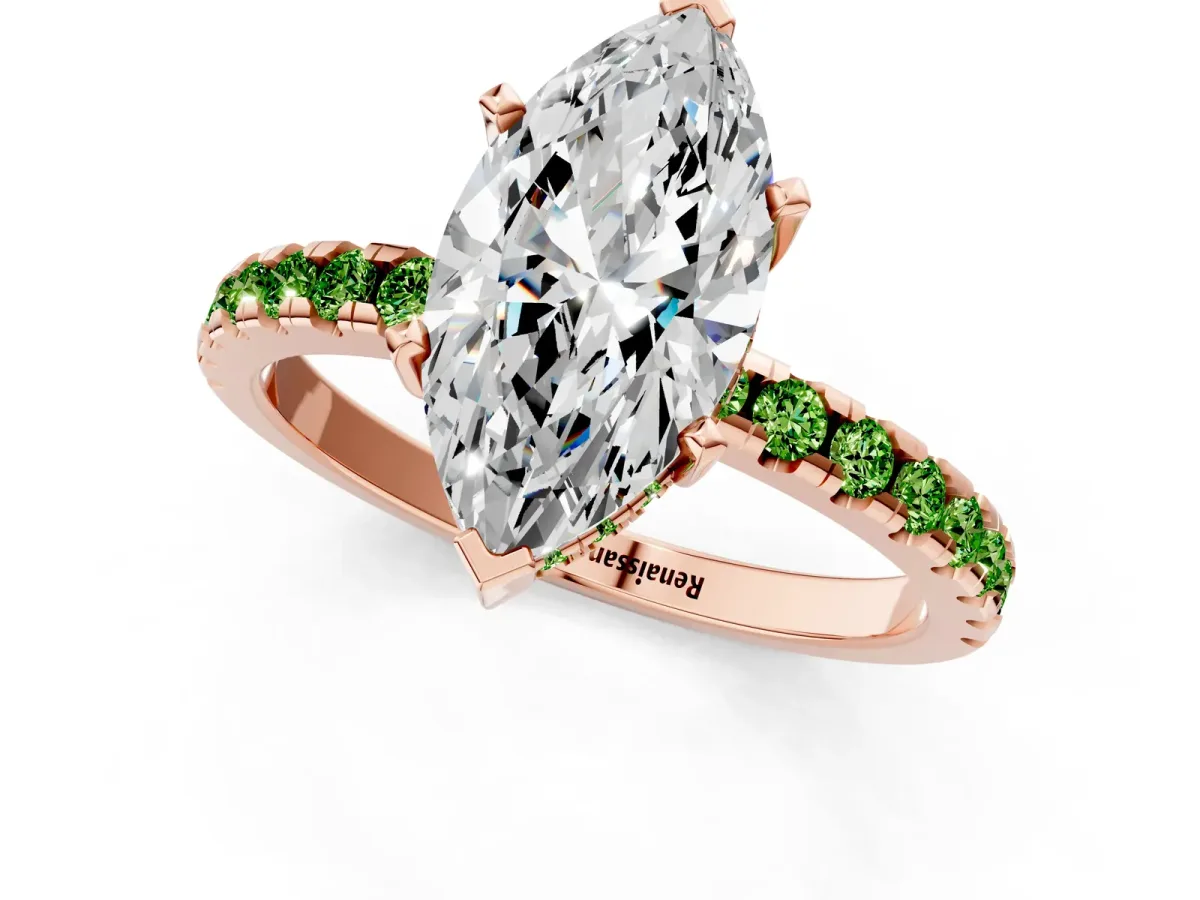 Marquise Cut Diamond Solitaire Ring with Round Peridot Pavé Band and Four-Prong Setting Rose gold