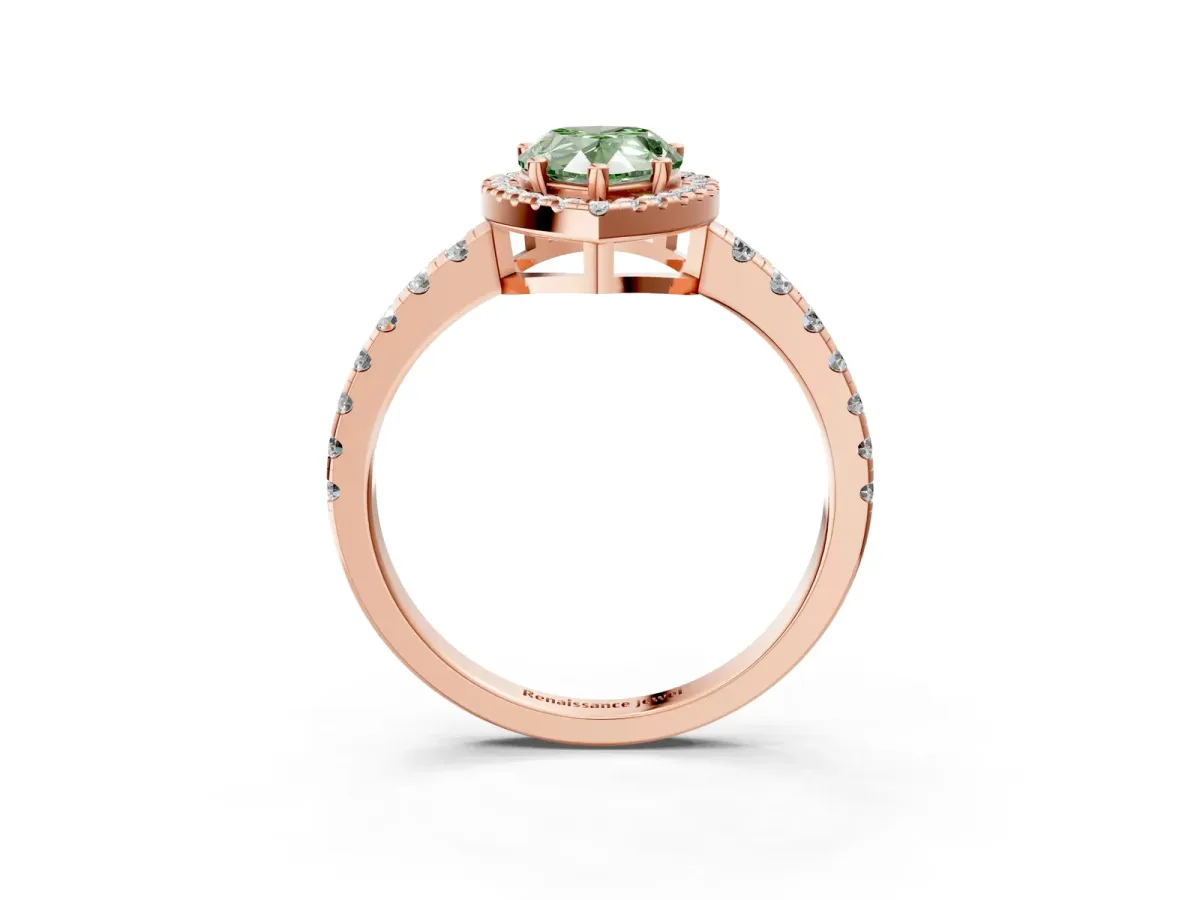 Fancy Green Pear Cut Diamond Halo Ring with Pavé Band and Four-Prong Setting Rose gold