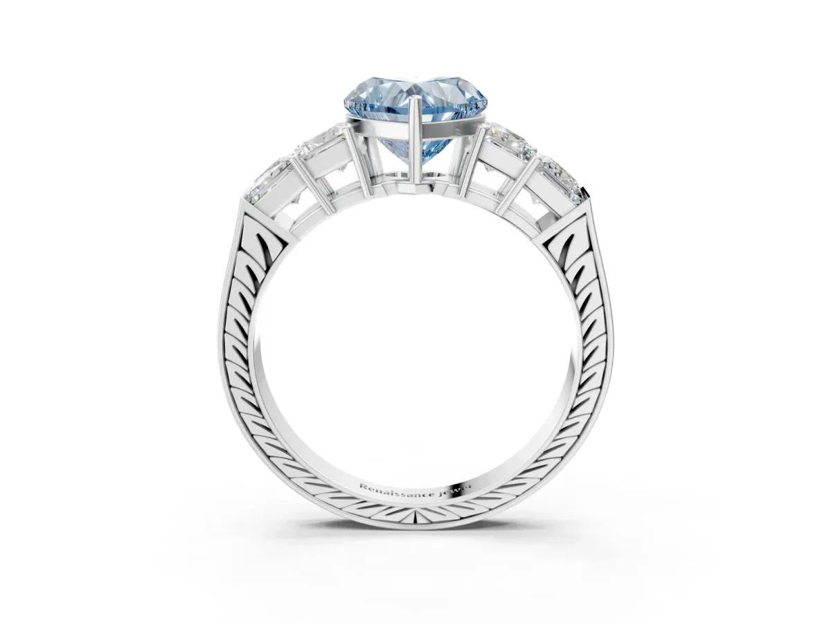 Fancy Blue Heart Cut Solitaire Princess Side Stone Engraved Band Prong Setting Ring Silver