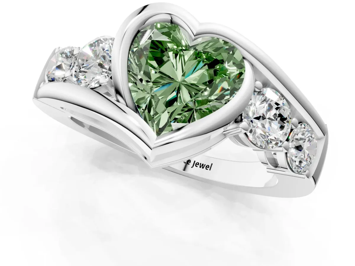 Fancy Green Bezel Set Heart Cut Diamond Bypass Ring with Round Accents Platinum