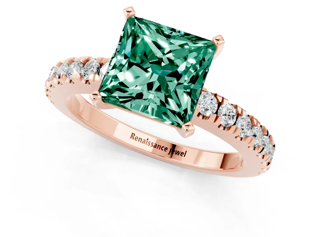 Princess Cut Solitaire Green Sapphire with Pavé Band and Four-Prong Setting Rose gold