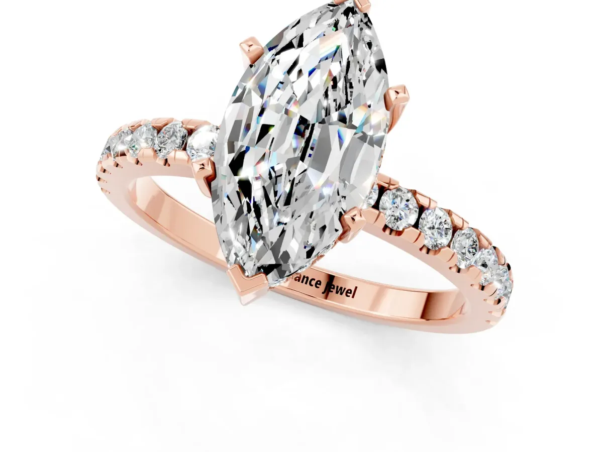 Marquise Cut Moissanite Solitaire Ring with Round Pavé Band and Four-Prong Setting Rose gold