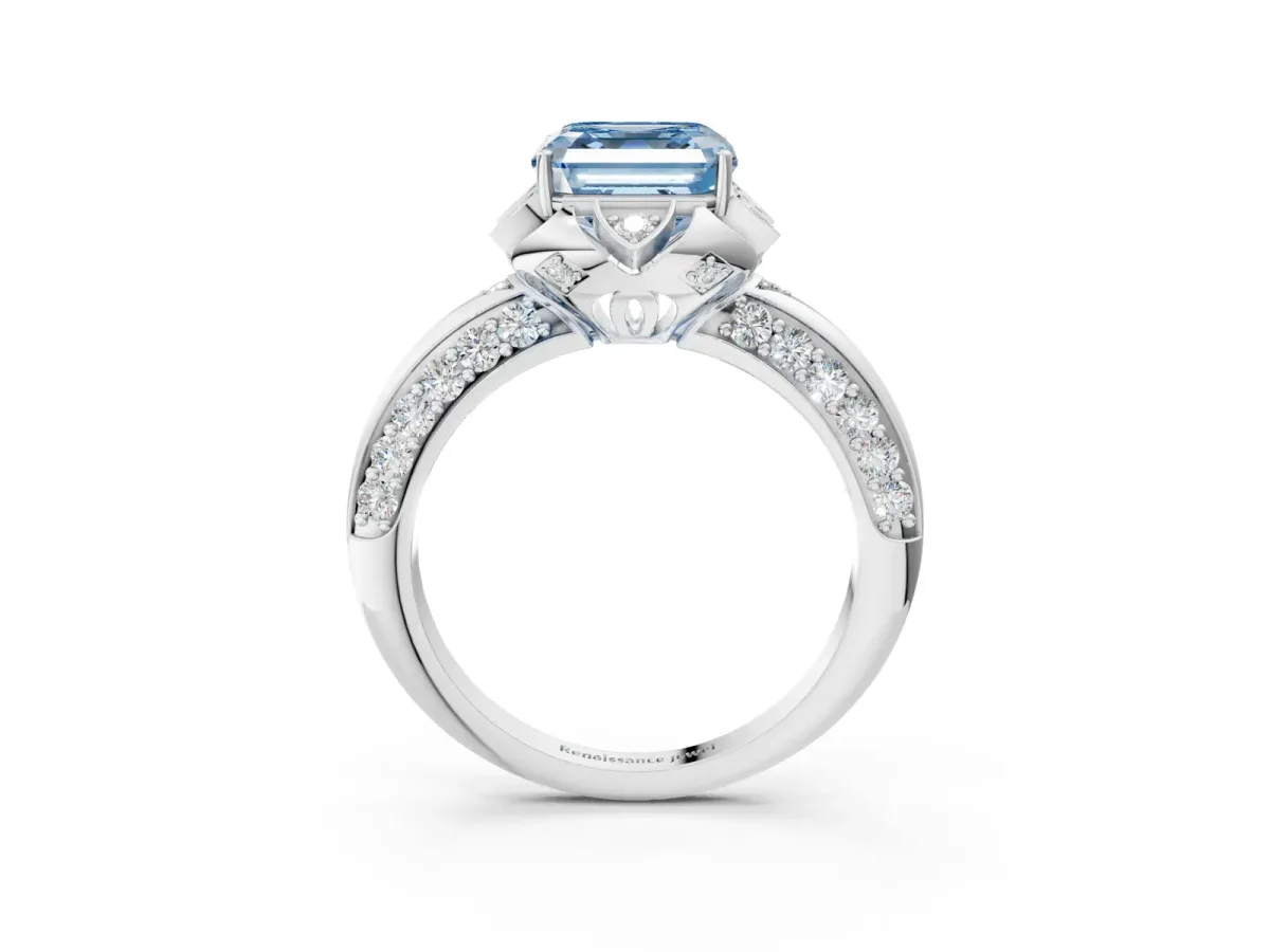 Fancy Blue Asscher Cut Halo Split Shank Pave Diamond Ring with Petal Prong Setting Platinum