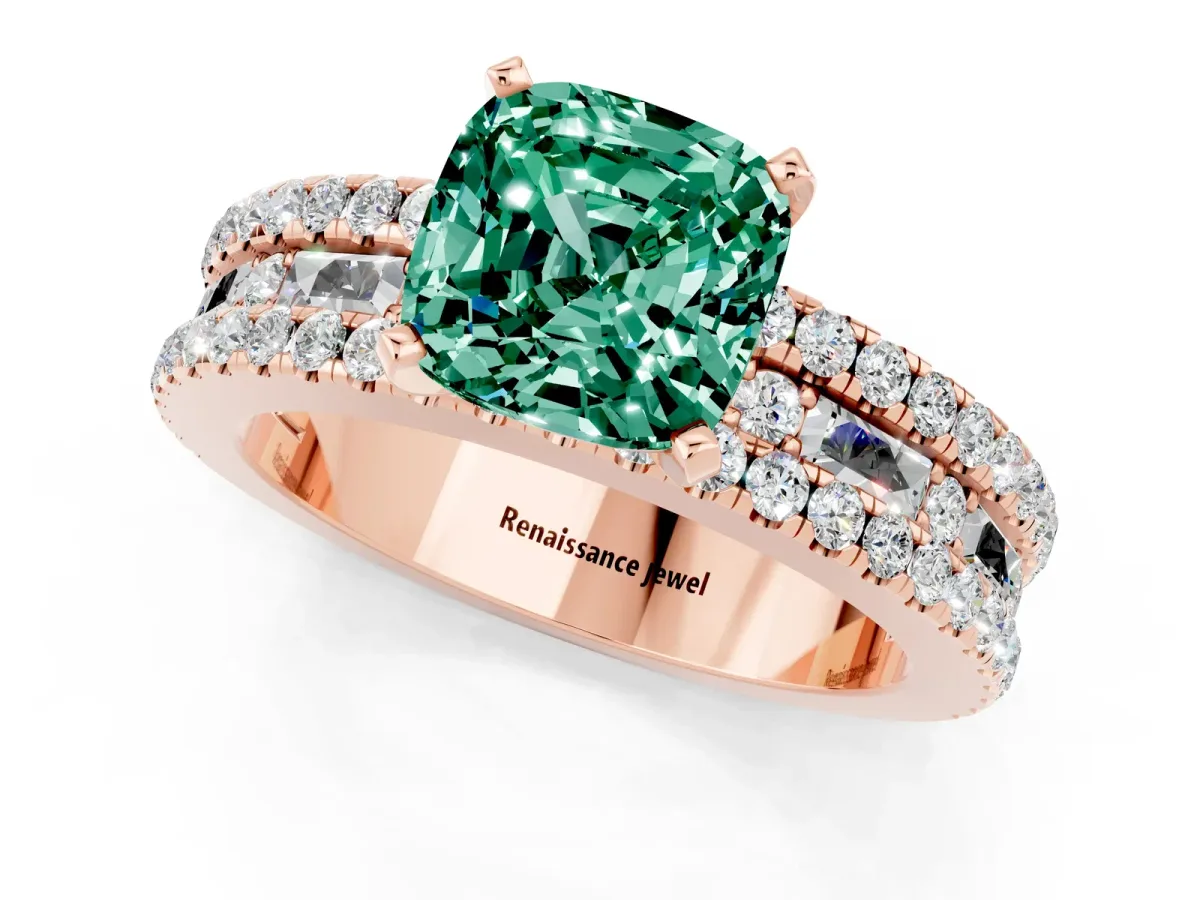 Cushion Cut Green Sapphire Solitaire Ring with Pavé and Channel Set Band Rose gold