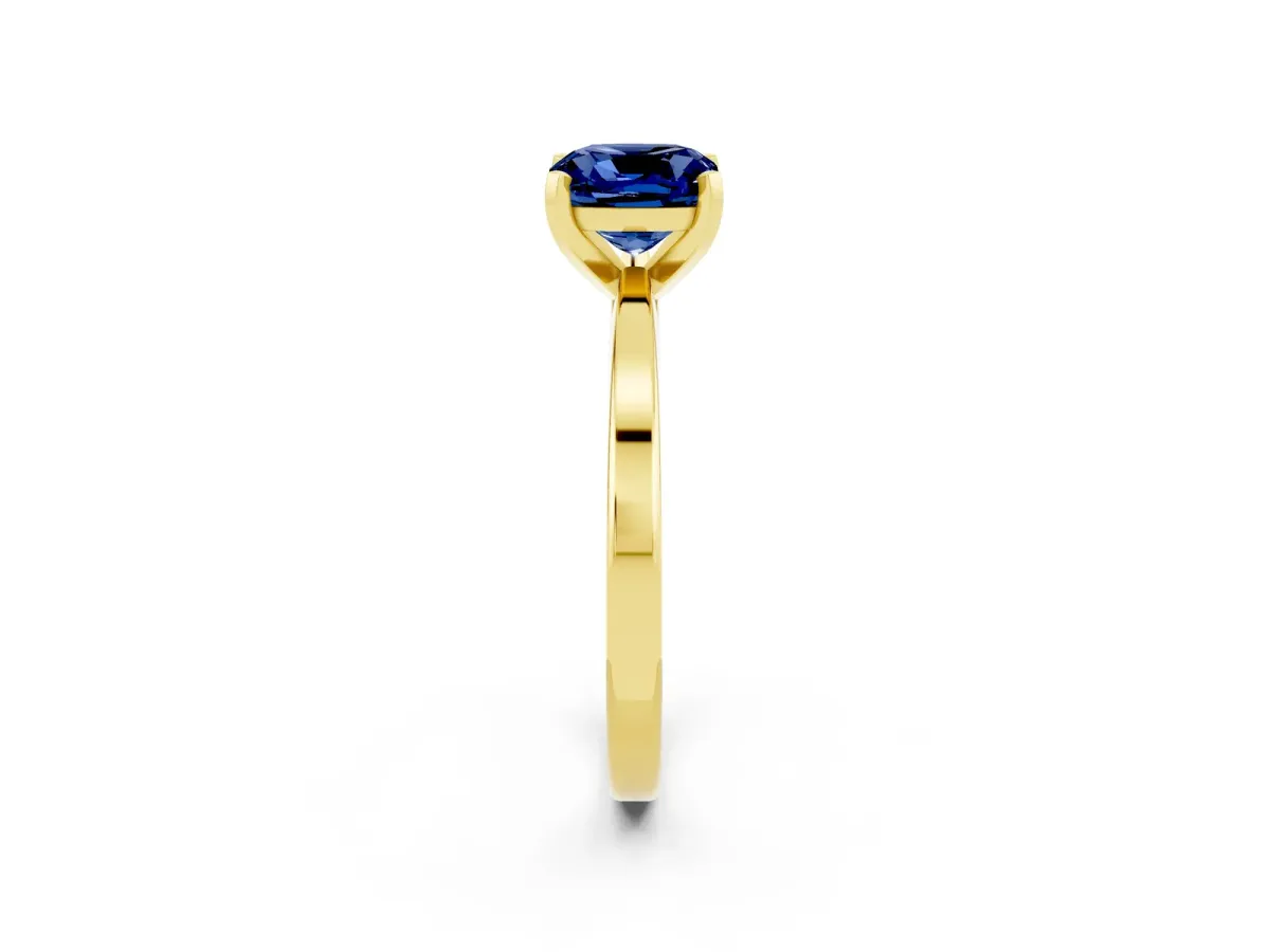 Cushion Cut Blue Sapphire Solitaire Engagement Ring with Classic Band and Four-Prong Setting Yellow gold
