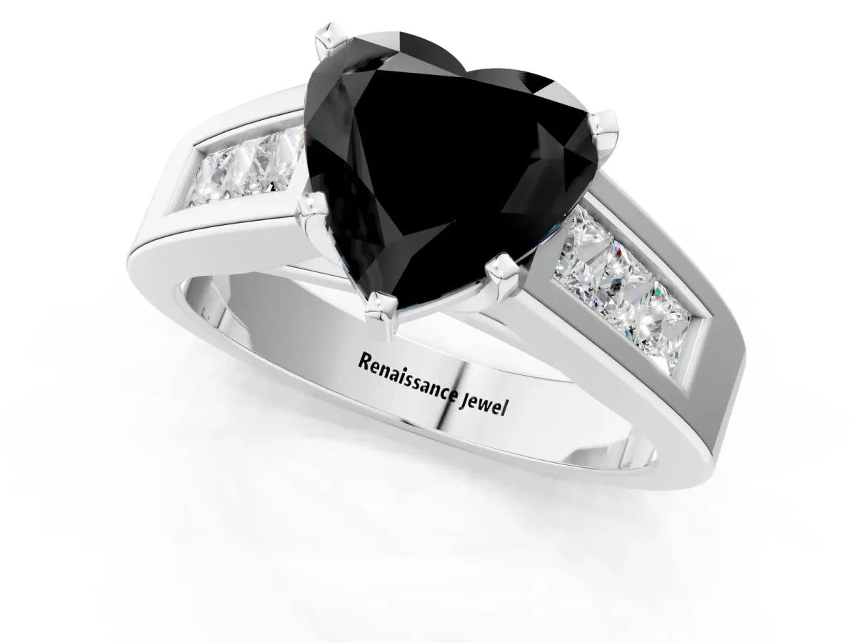 Fancy Black Heart Cut Cut Channel Set Solitaire Ring with Four-Prong Setting White gold
