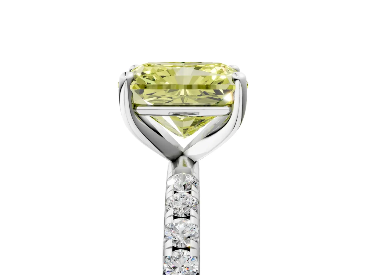 Fancy Yellow Radiant Cut Cut Diamond Solitaire Ring with Micro Pave Band and Four Prong Setting Platinum