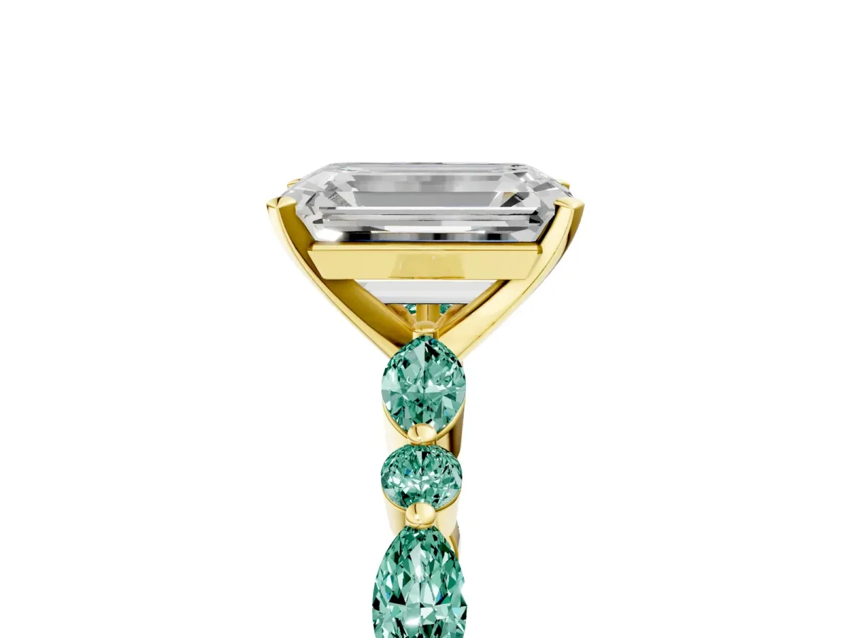 Emerald Cut Diamond Ring with Marquise and Round Green Sapphire Side Stones and Four-Prong Setting Yellow gold