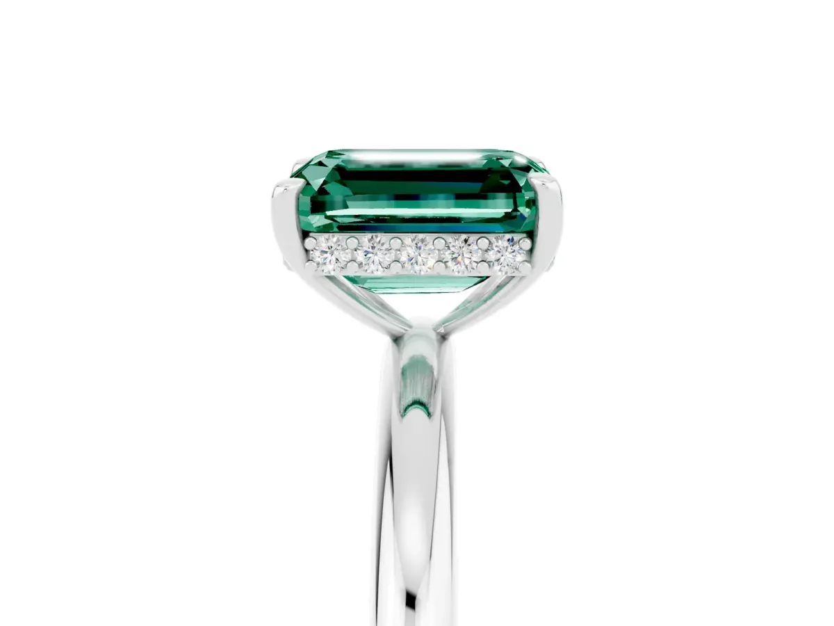 Emerald Cut Green Sapphire Solitaire Ring with Thin Band and Four-Prong Setting White gold