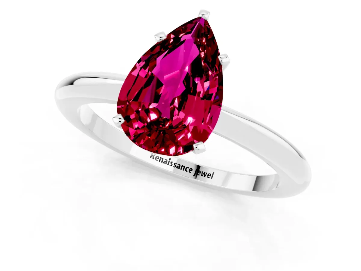 Pear Cut Garnet Solitaire Ring with Six-Prong Setting and Classic Band Platinum