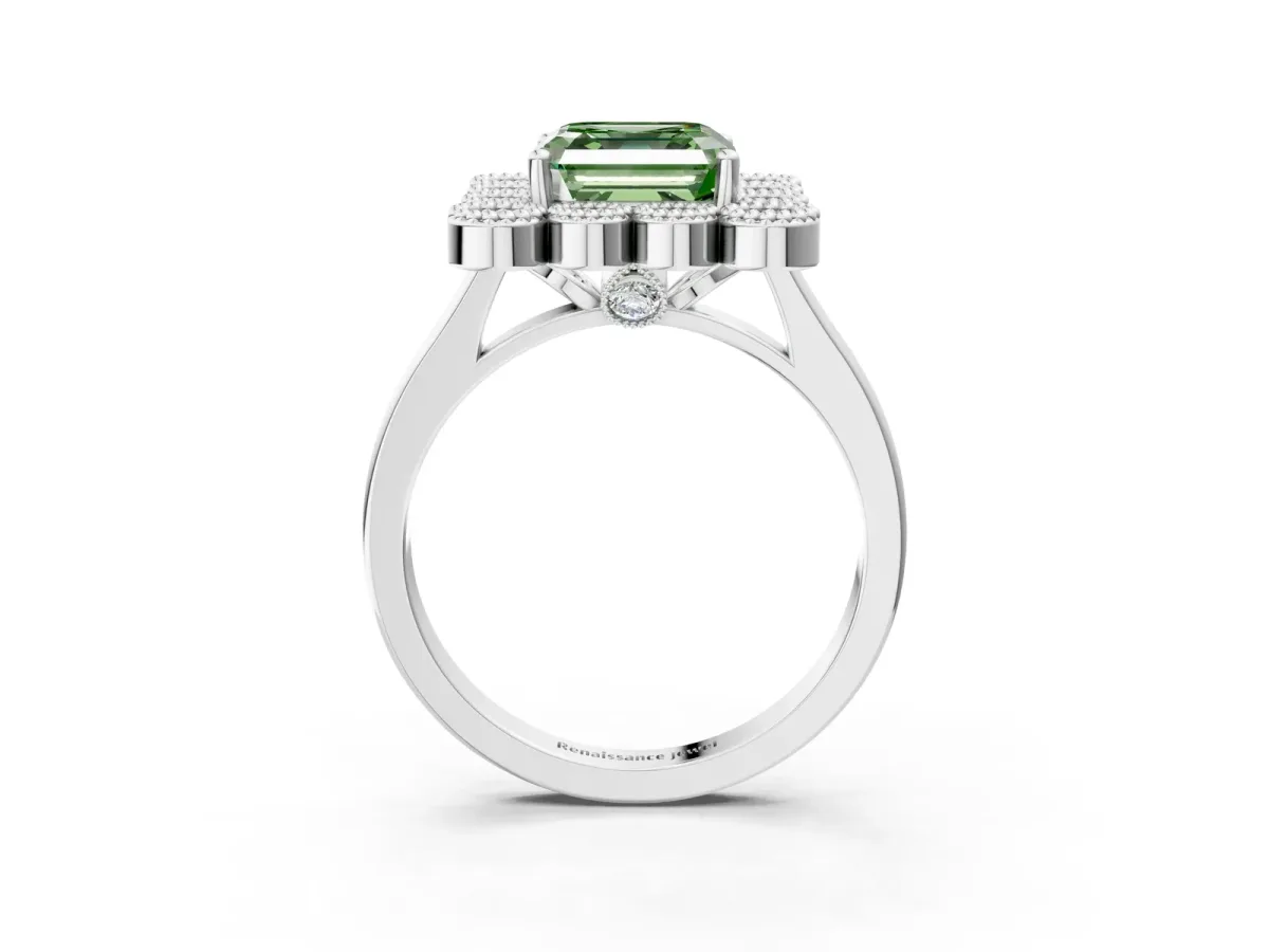 Fancy Green Asscher Cut Halo Diamond Cluster Engagement Ring with Milgrain Bezel Setting and Solitaire Band Platinum