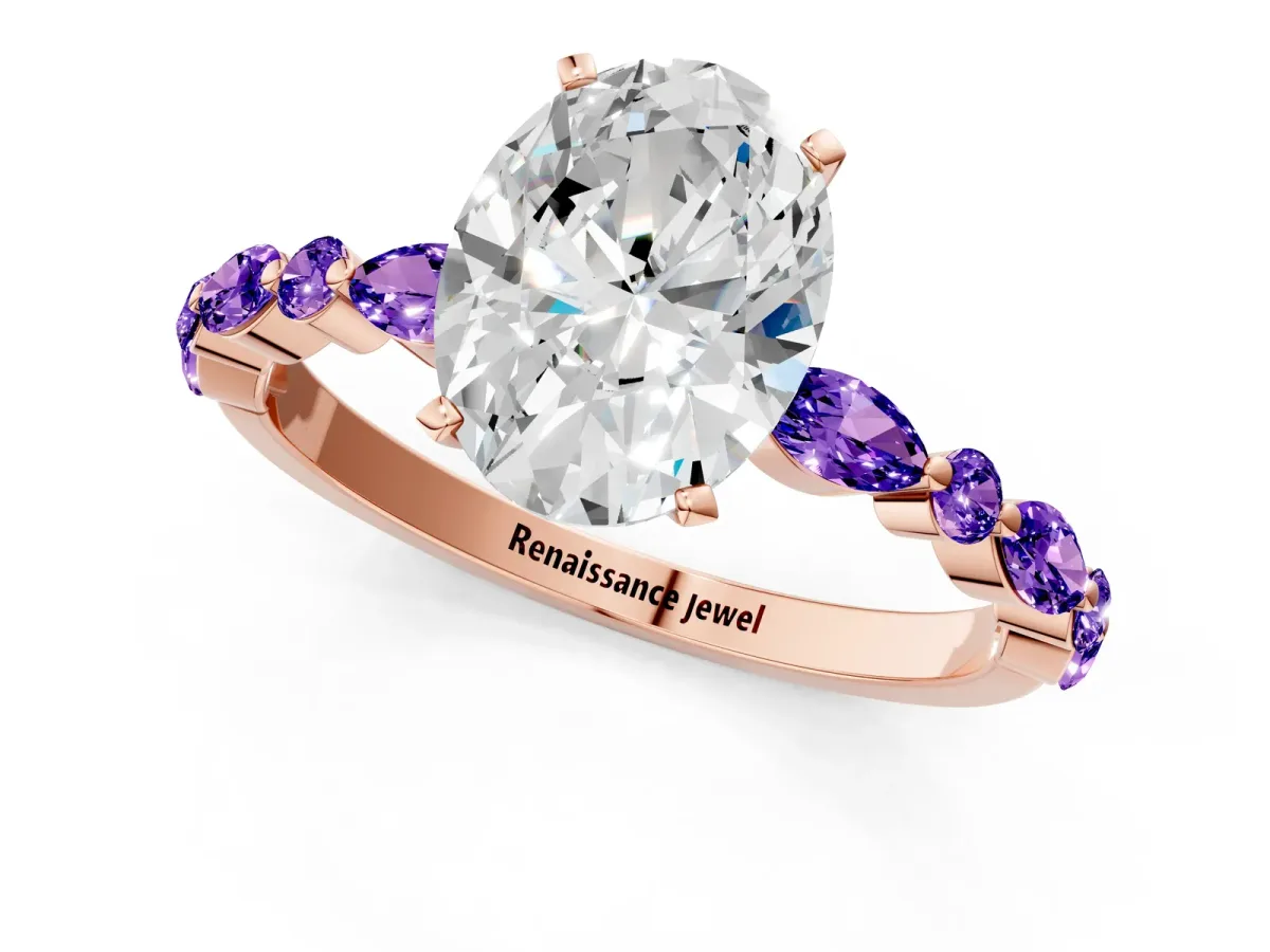 Oval Cut Diamond Ring with Marquise and Round Tanzanite Side Stones and Four-Prong Setting Rose gold