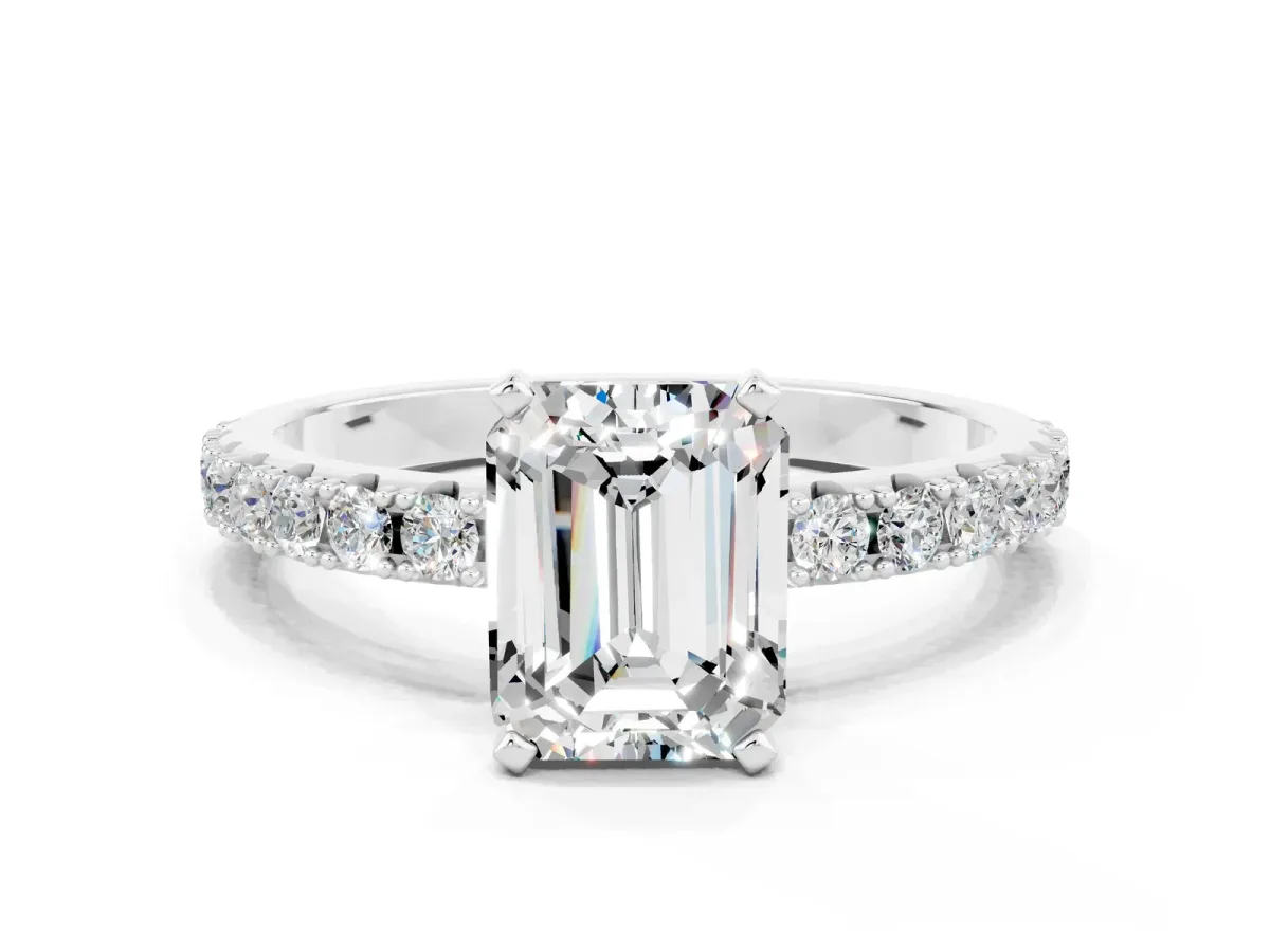 Emerald Cut Moissanite Solitaire Pavé Band with Four-Prong Setting Silver