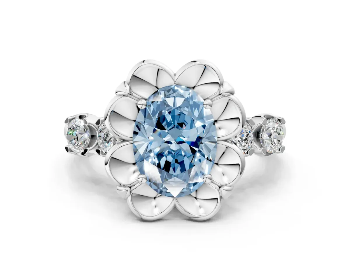 Fancy Blue Oval Cut Cut Diamond Floral Halo Engagement Ring with Shared Prong Setting Silver