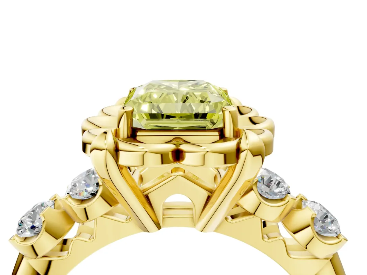 Fancy Yellow Radiant Cut Cut Diamond Floral Halo Engagement Ring with Shared Prong Setting Yellow gold
