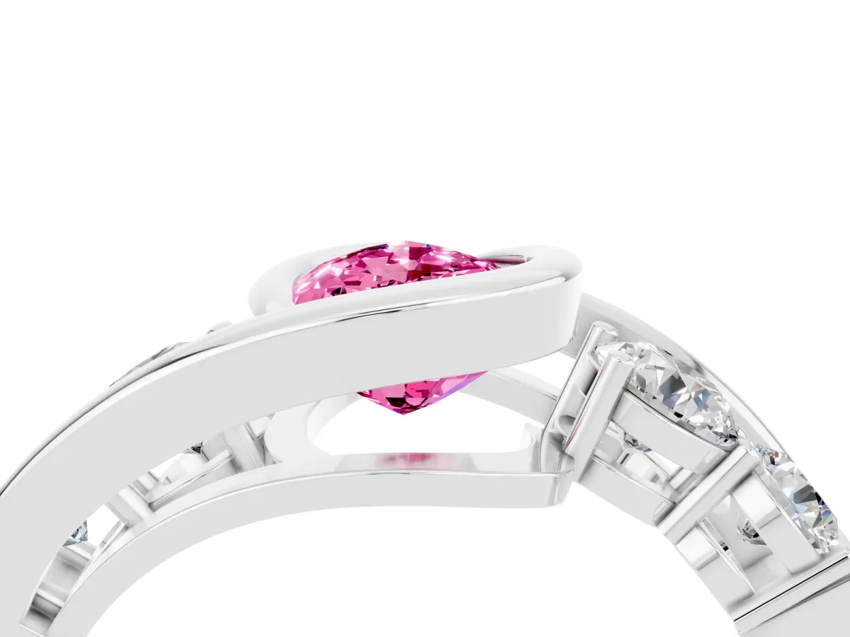 Bezel Set Pear Cut Pink Sapphire Bypass Ring with Round Accents Silver