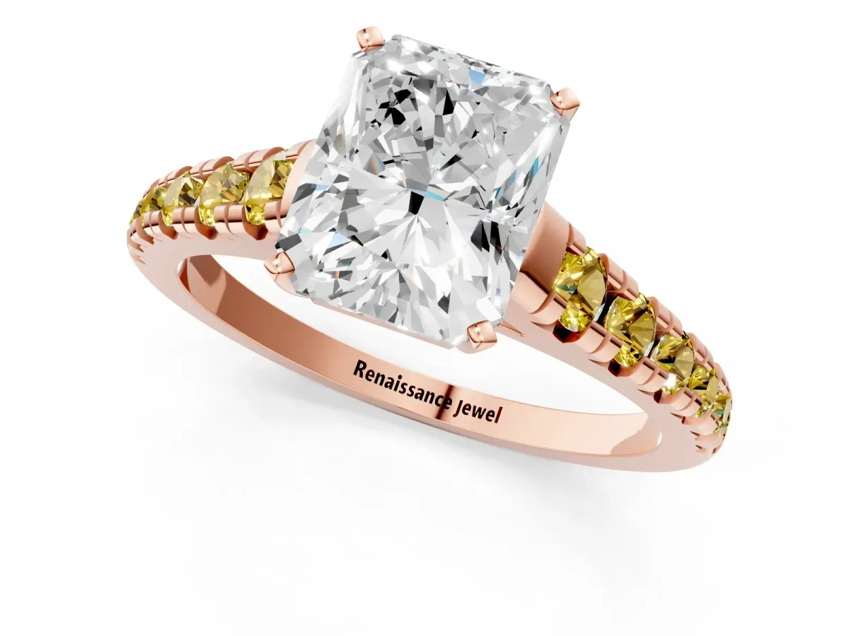 Radiant Cut Diamond Cathedral Solitaire Ring with Round Yellow Sapphire Pavé Band Rose gold