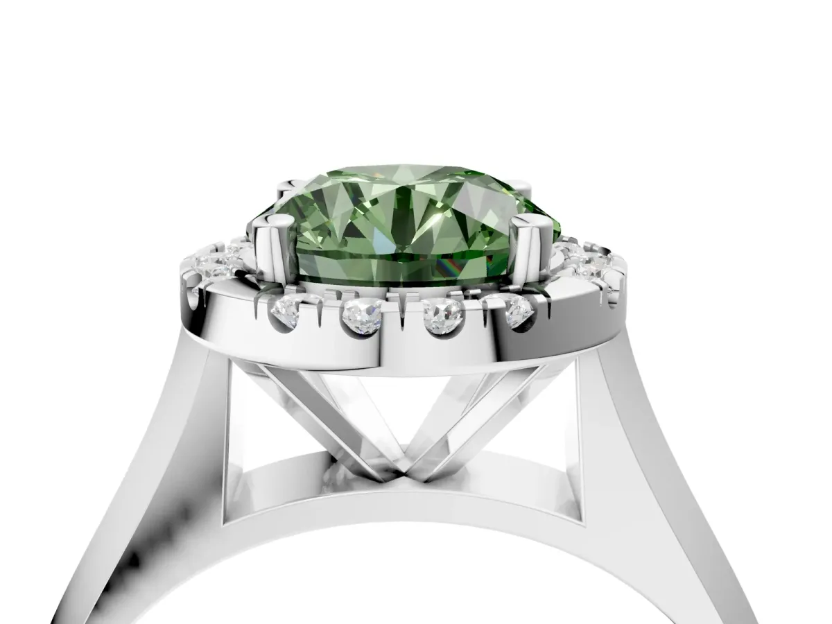 Fancy Green Round Cut Cut Halo Solitaire Engagement Ring with Square Band and Four-Prong Setting White gold